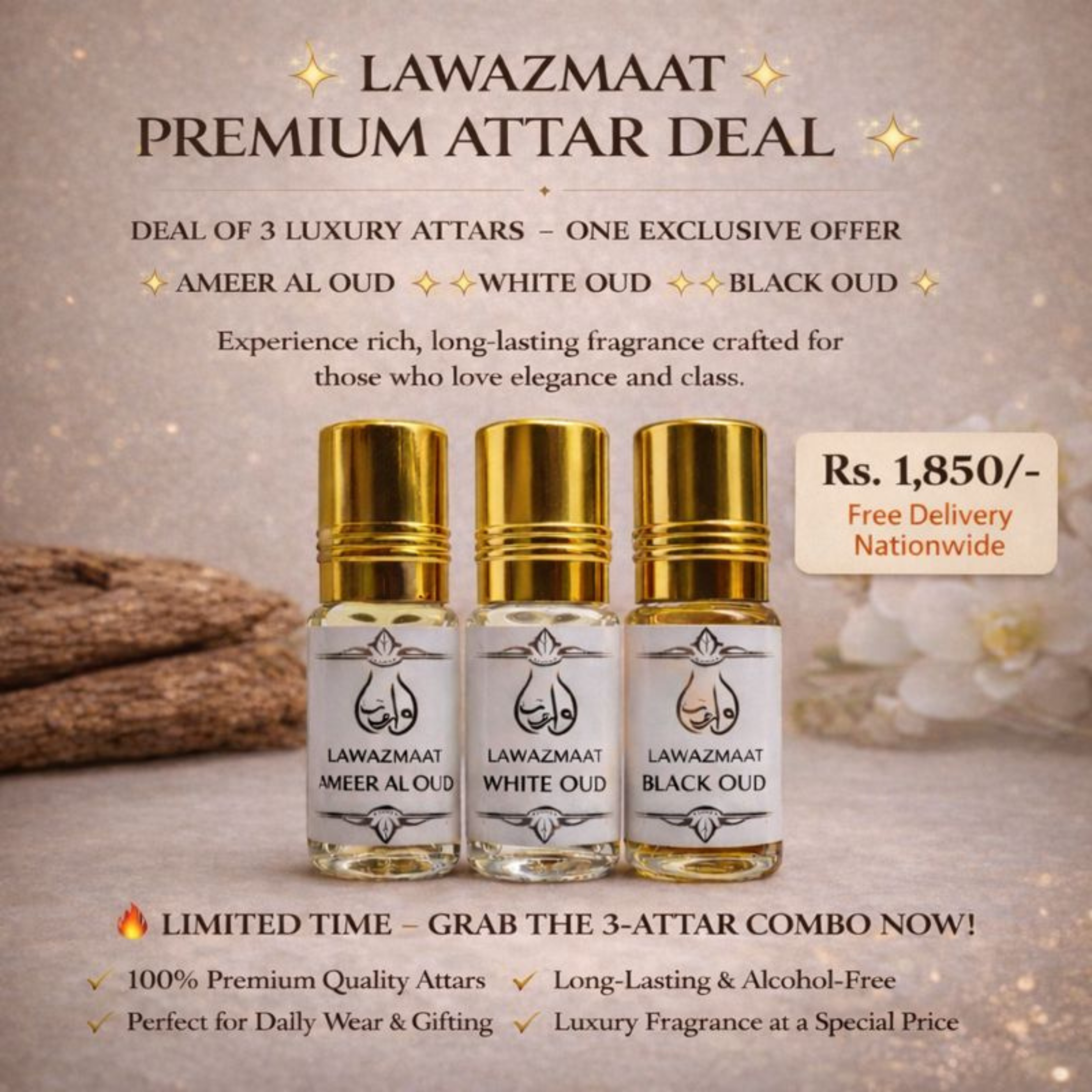 Premium Attar Deal of Three – White Oud, Black Oud & Ameer Ul Oud